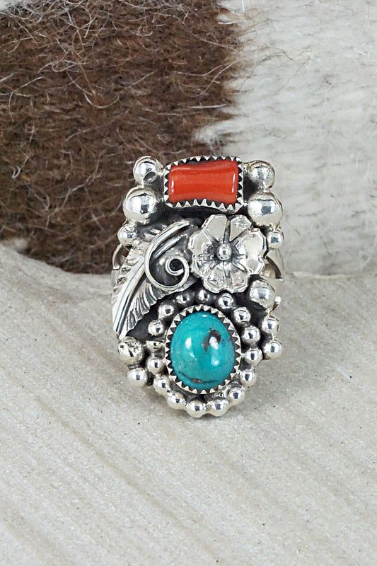 Turquoise, Coral & Sterling Silver Ring - Sandra Parkett - Size 7.5