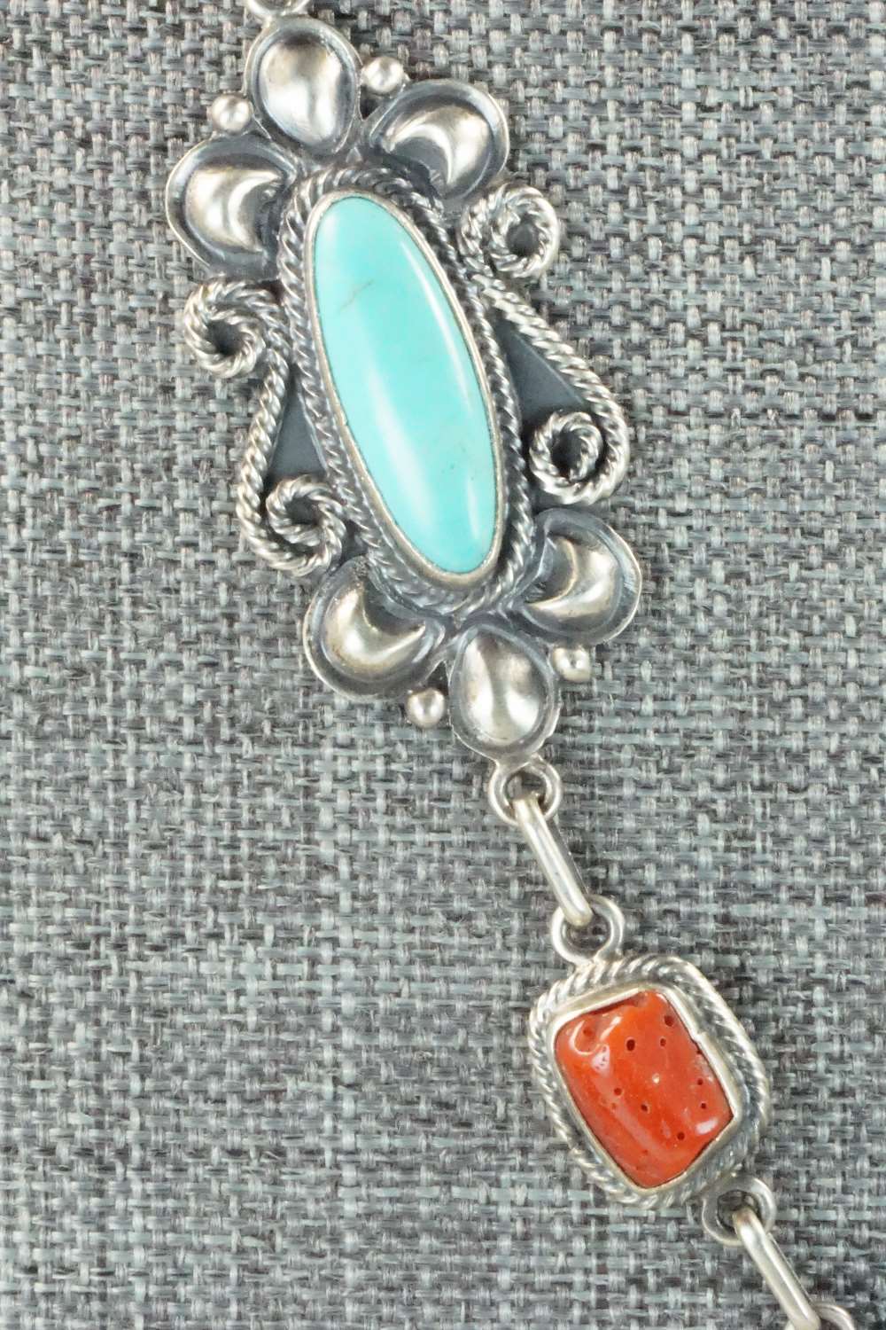Turquoise, Coral & Sterling Silver Necklace - Navajo