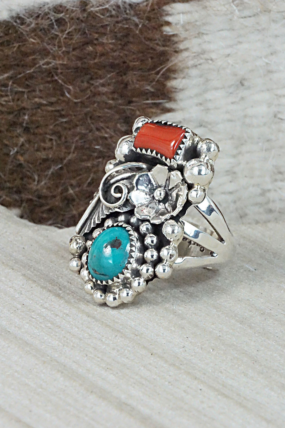 Turquoise, Coral & Sterling Silver Ring - Sandra Parkett - Size 7.5