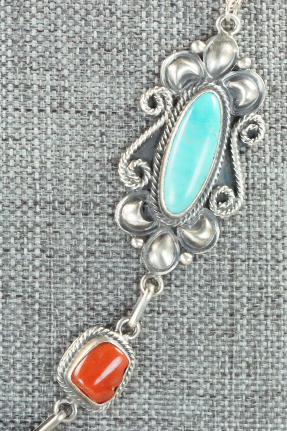 Turquoise, Coral & Sterling Silver Necklace - Navajo