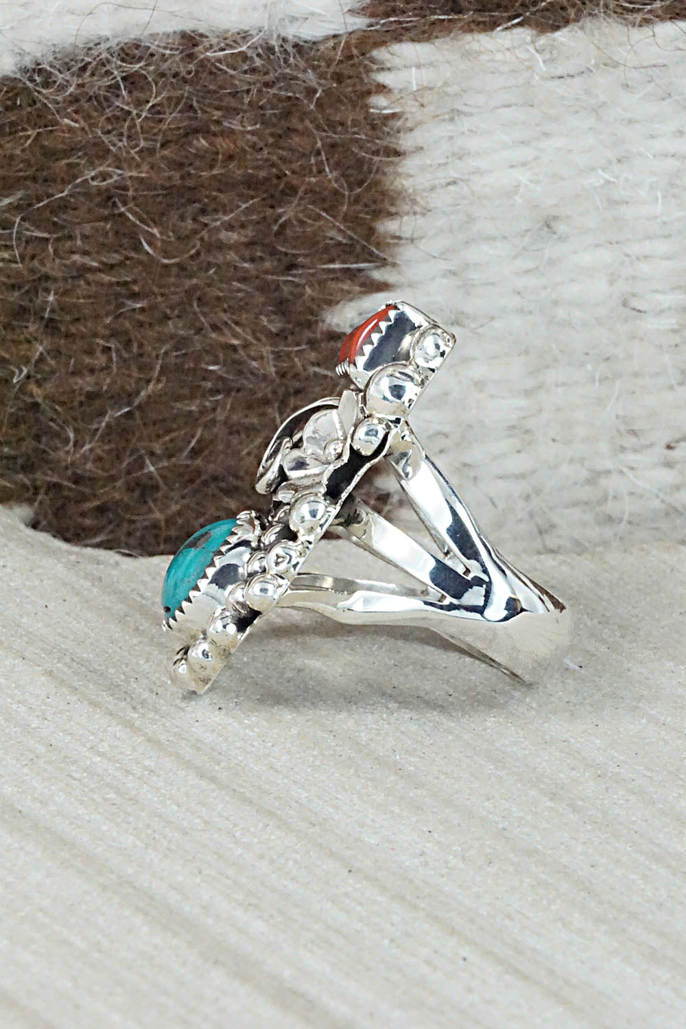 Turquoise, Coral & Sterling Silver Ring - Sandra Parkett - Size 7.5