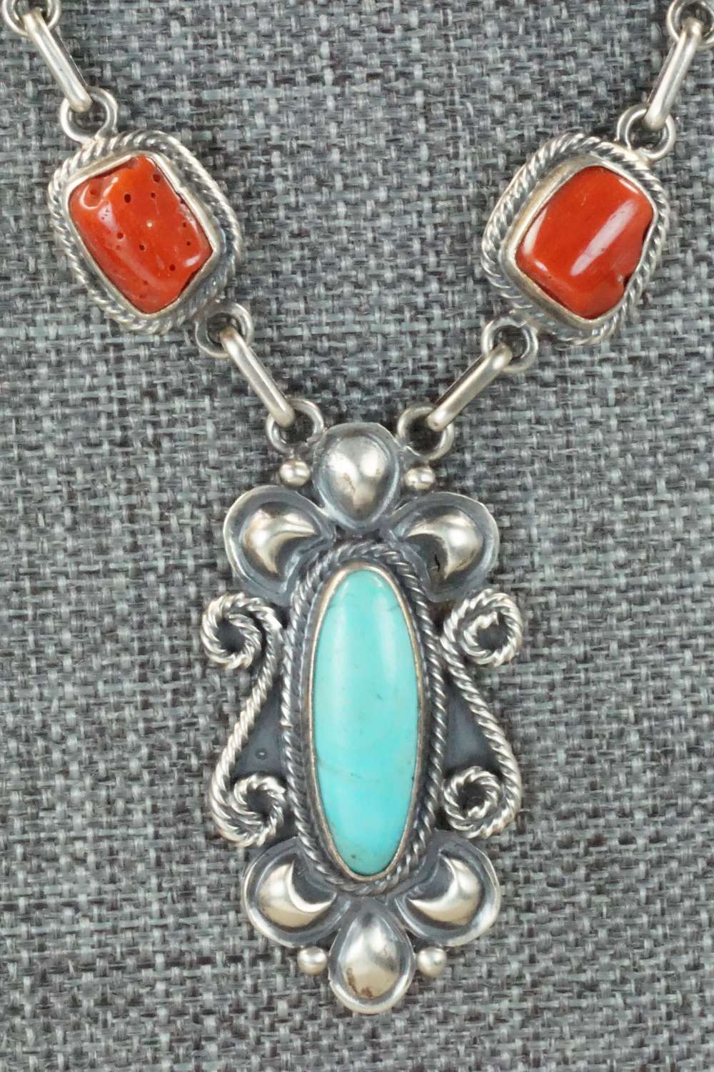 Turquoise, Coral & Sterling Silver Necklace - Navajo