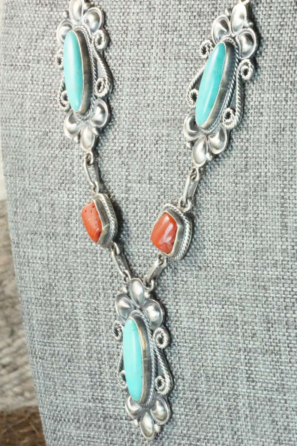 Turquoise, Coral & Sterling Silver Necklace - Navajo