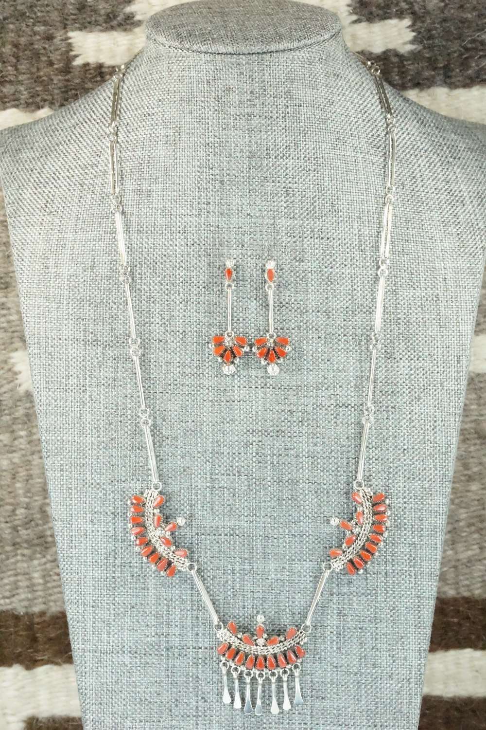 Coral & Sterling Silver Necklace and Earrings Set - Florine Beyuka