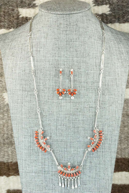 Coral & Sterling Silver Necklace and Earrings Set - Florine Beyuka