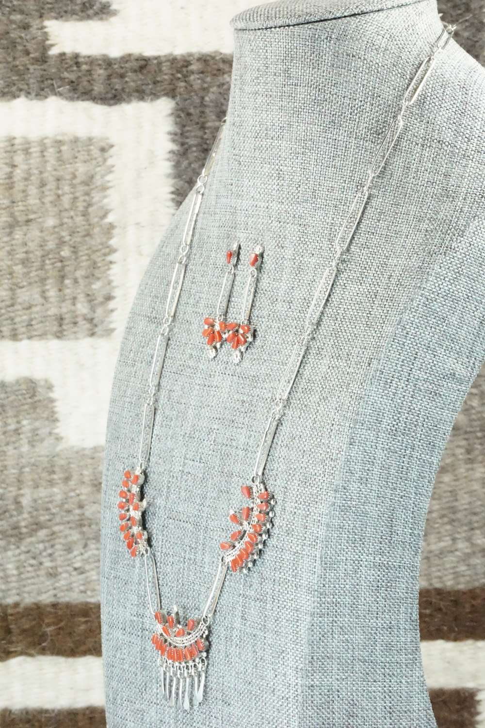 Coral & Sterling Silver Necklace and Earrings Set - Florine Beyuka