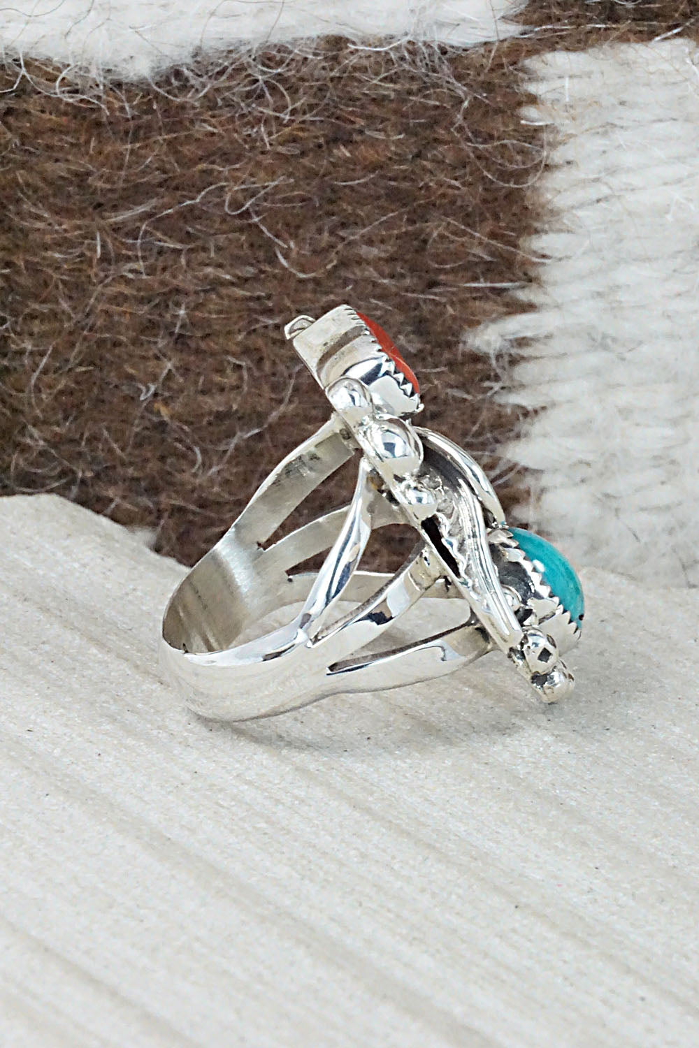 Turquoise, Coral & Sterling Silver Ring - Sandra Parkett - Size 7.5