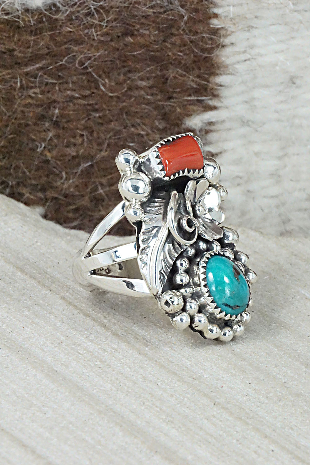 Turquoise, Coral & Sterling Silver Ring - Sandra Parkett - Size 7.5