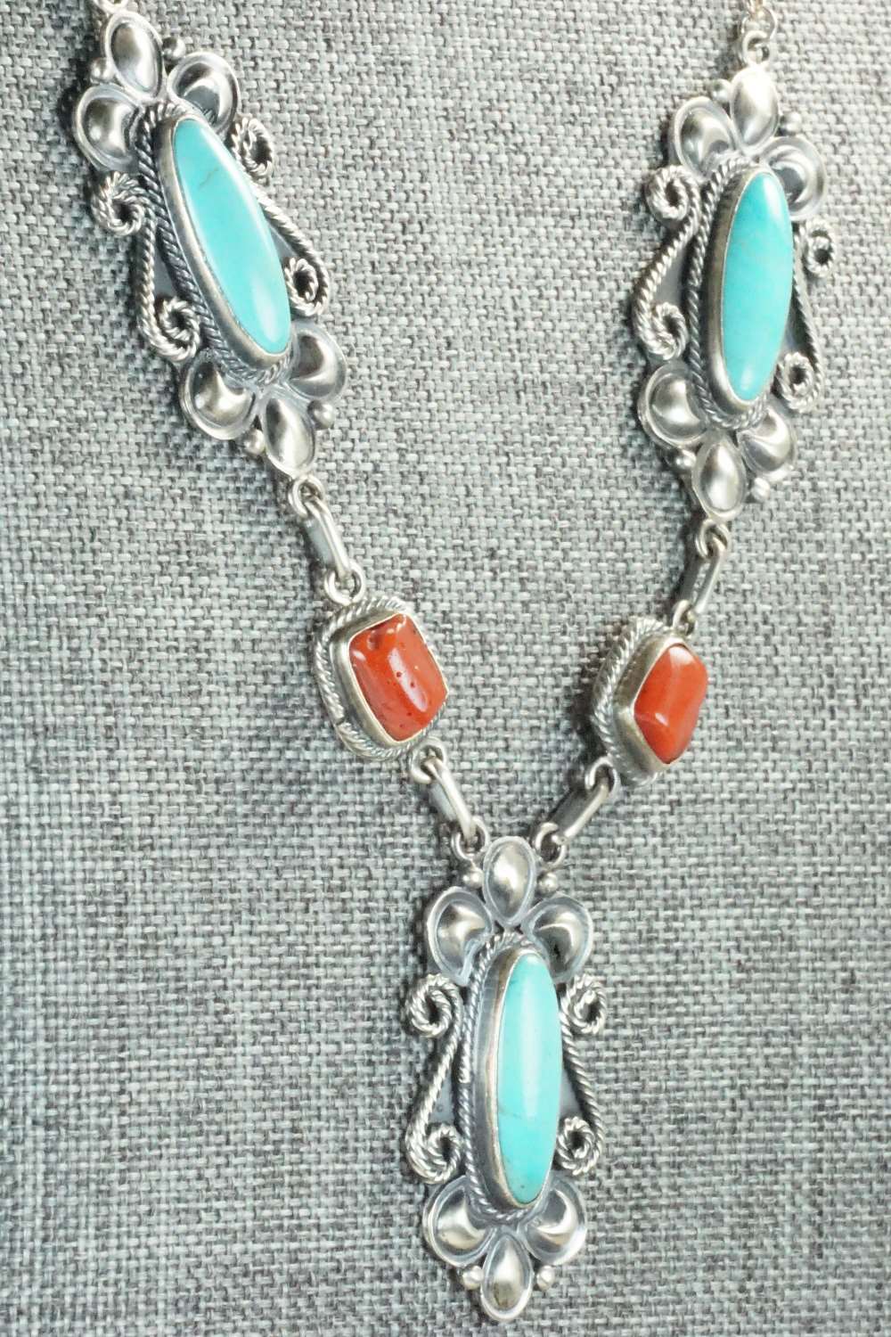 Turquoise, Coral & Sterling Silver Necklace - Navajo