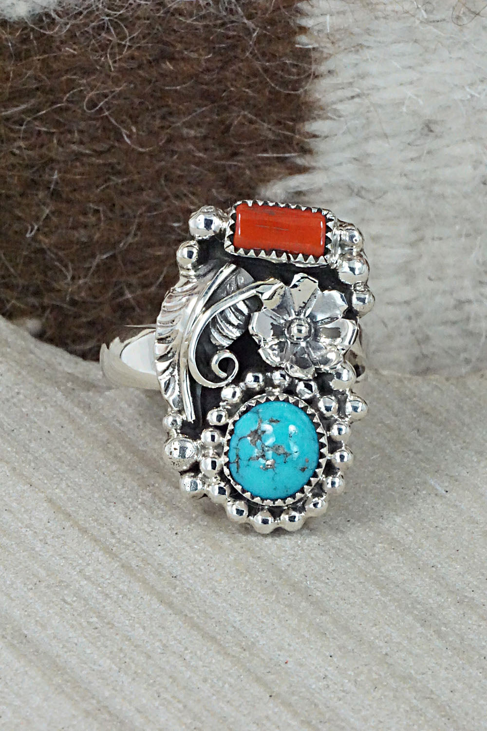 Turquoise, Coral & Sterling Silver Ring - Sandra Parkett - Size 7.5 (Adj.)
