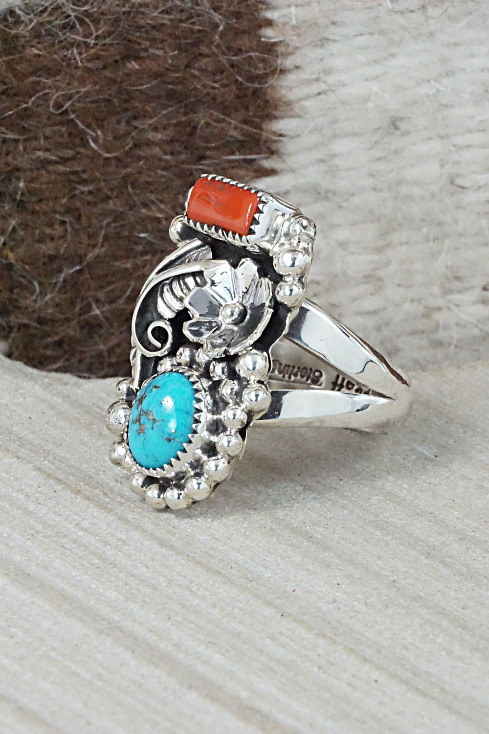 Turquoise, Coral & Sterling Silver Ring - Sandra Parkett - Size 7.5 (Adj.)