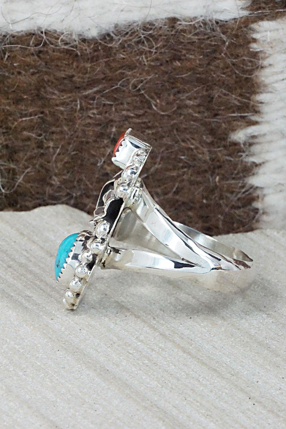 Turquoise, Coral & Sterling Silver Ring - Sandra Parkett - Size 7.5 (Adj.)