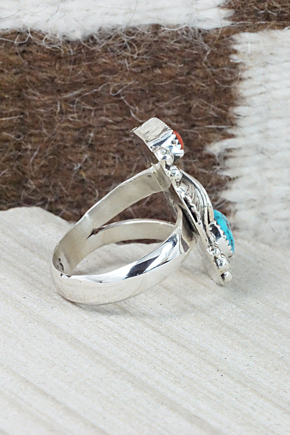 Turquoise, Coral & Sterling Silver Ring - Sandra Parkett - Size 7.5 (Adj.)