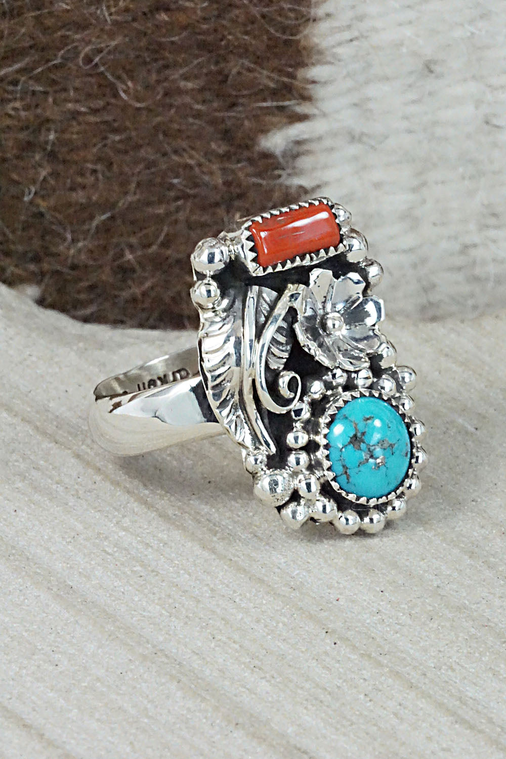 Turquoise, Coral & Sterling Silver Ring - Sandra Parkett - Size 7.5 (Adj.)