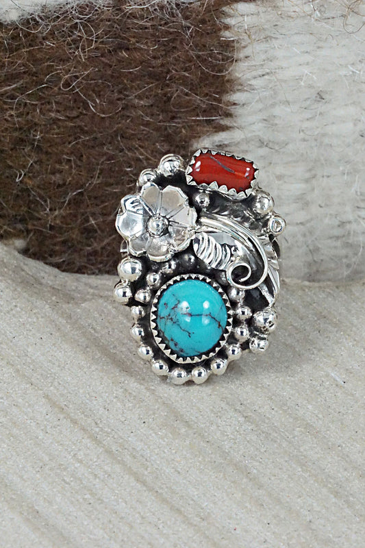 Turquoise, Coral & Sterling Silver Ring - Sandra Parkett - Size 7