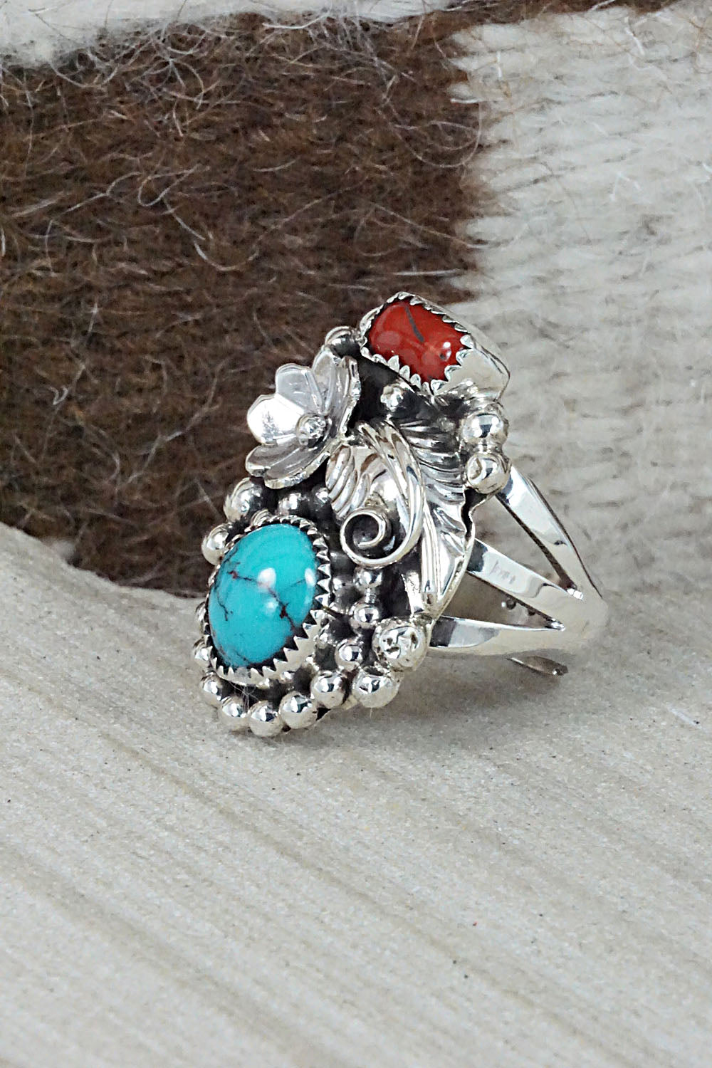 Turquoise, Coral & Sterling Silver Ring - Sandra Parkett - Size 7