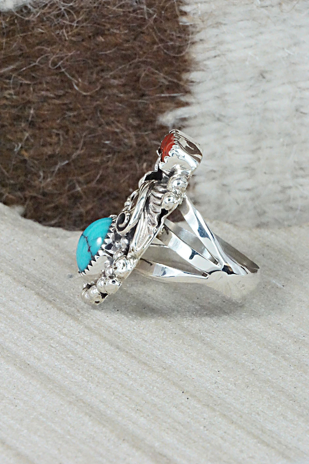 Turquoise, Coral & Sterling Silver Ring - Sandra Parkett - Size 7