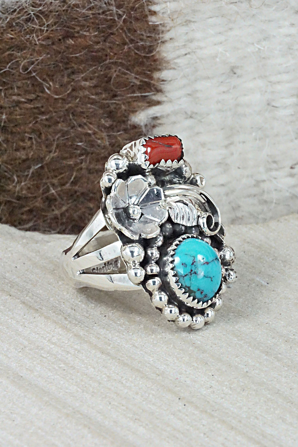 Turquoise, Coral & Sterling Silver Ring - Sandra Parkett - Size 7