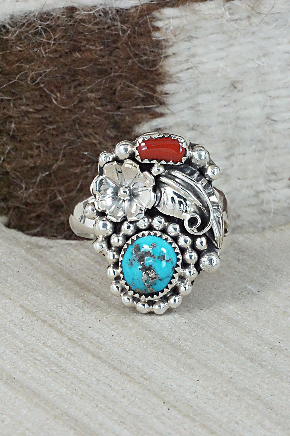 Turquoise, Coral & Sterling Silver Ring - Sandra Parkett - Size 8.5 (Adj.)
