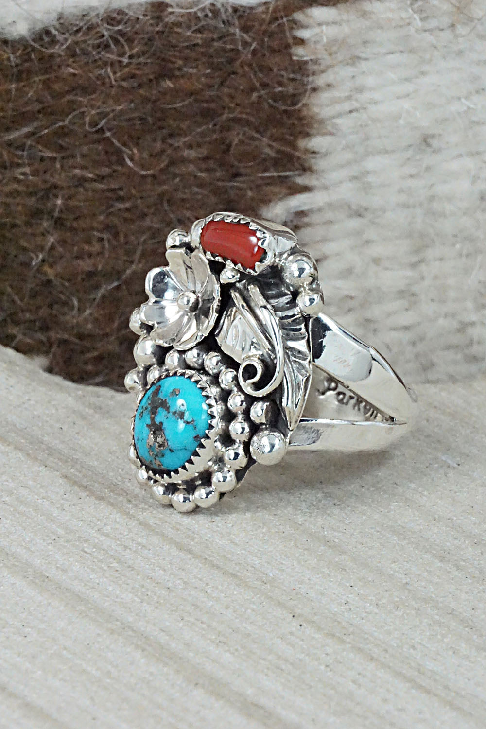 Turquoise, Coral & Sterling Silver Ring - Sandra Parkett - Size 8.5 (Adj.)