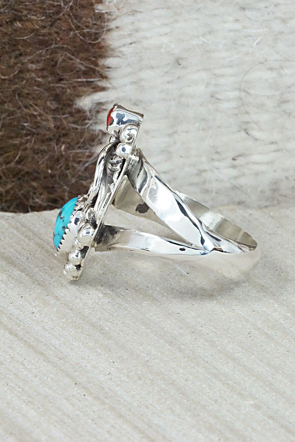Turquoise, Coral & Sterling Silver Ring - Sandra Parkett - Size 8.5 (Adj.)