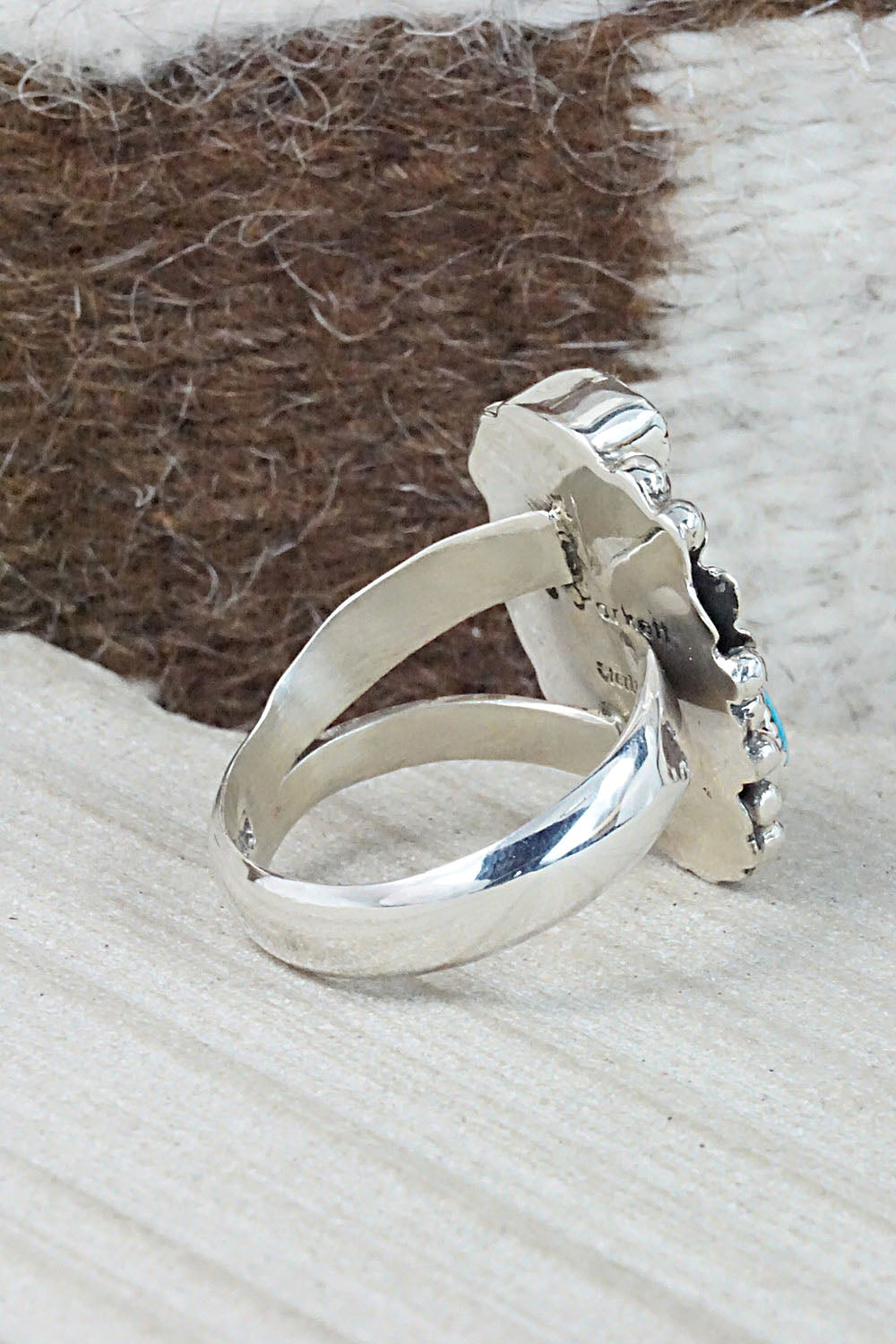 Turquoise, Coral & Sterling Silver Ring - Sandra Parkett - Size 8.5 (Adj.)