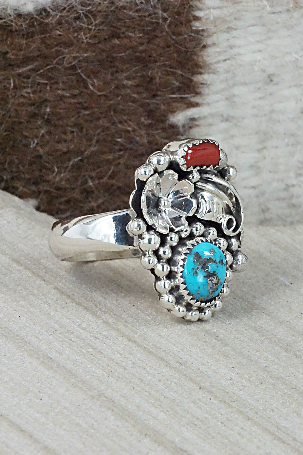 Turquoise, Coral & Sterling Silver Ring - Sandra Parkett - Size 8.5 (Adj.)