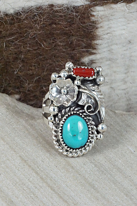 Turquoise, Coral & Sterling Silver Ring - Sandra Parkett - Size 7.5