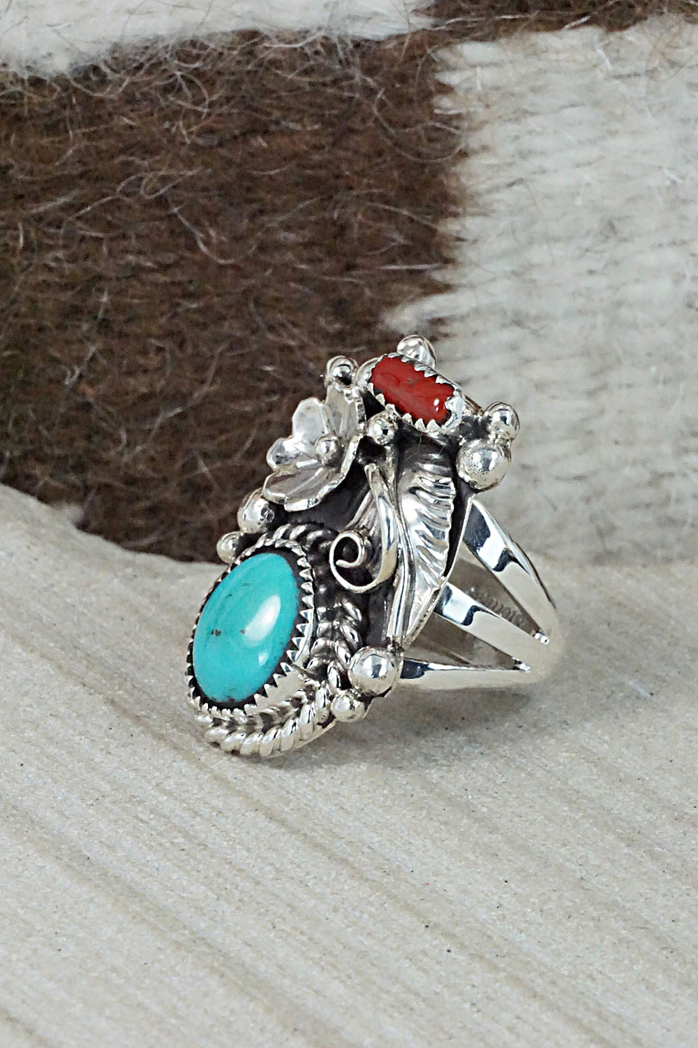 Turquoise, Coral & Sterling Silver Ring - Sandra Parkett - Size 7.5