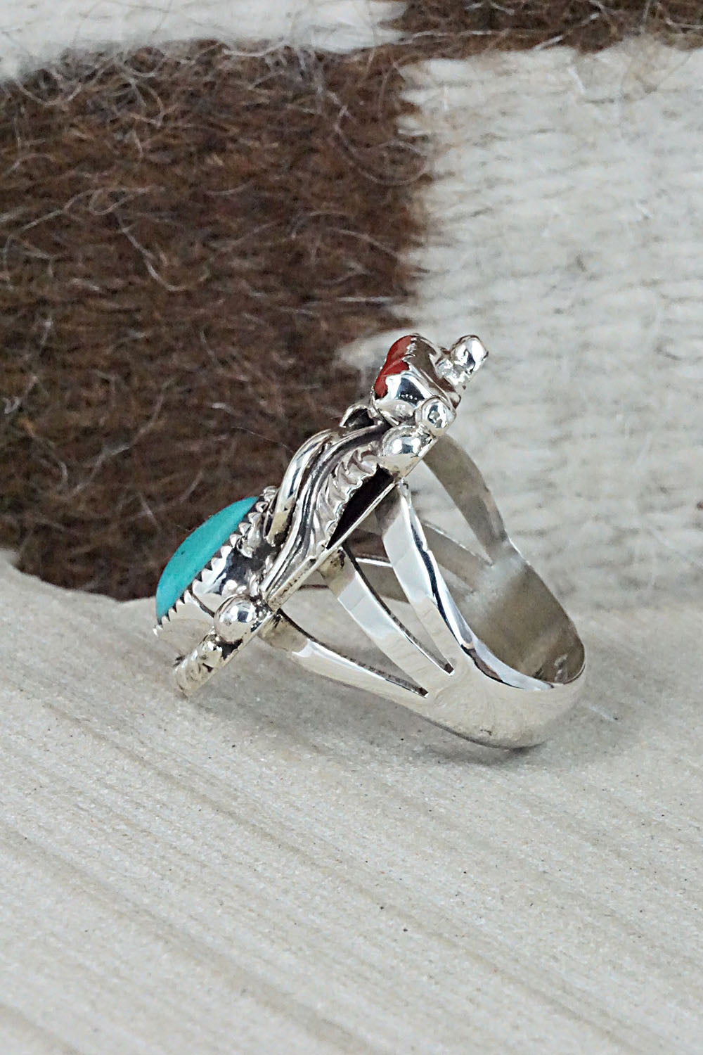 Turquoise, Coral & Sterling Silver Ring - Sandra Parkett - Size 7.5