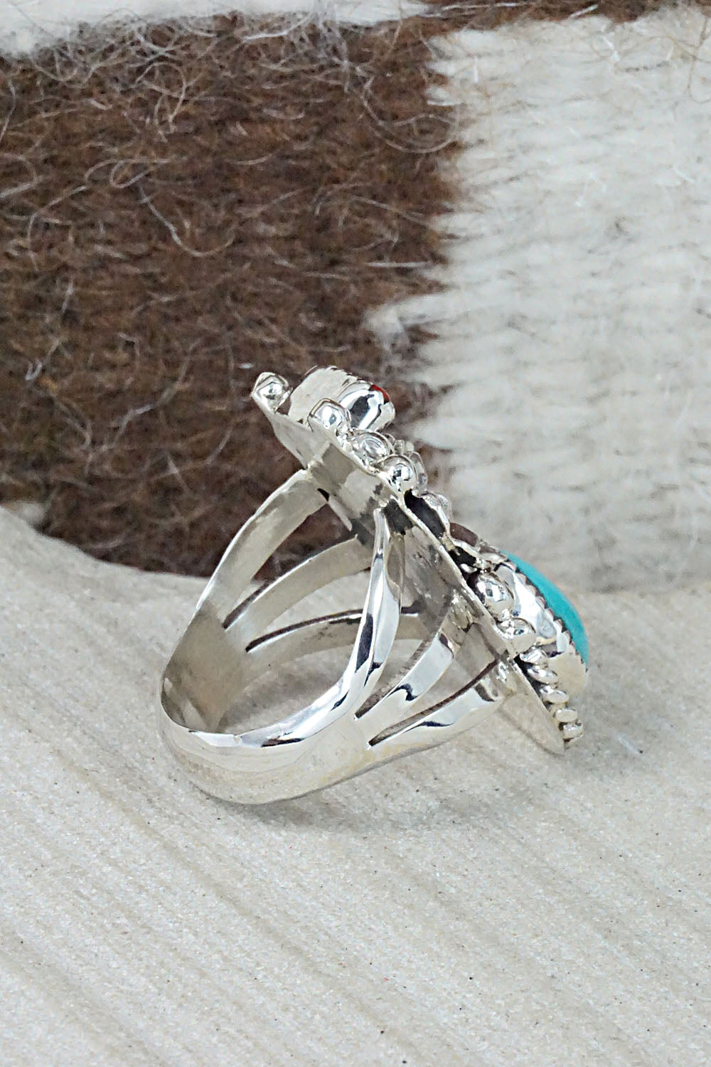 Turquoise, Coral & Sterling Silver Ring - Sandra Parkett - Size 7.5