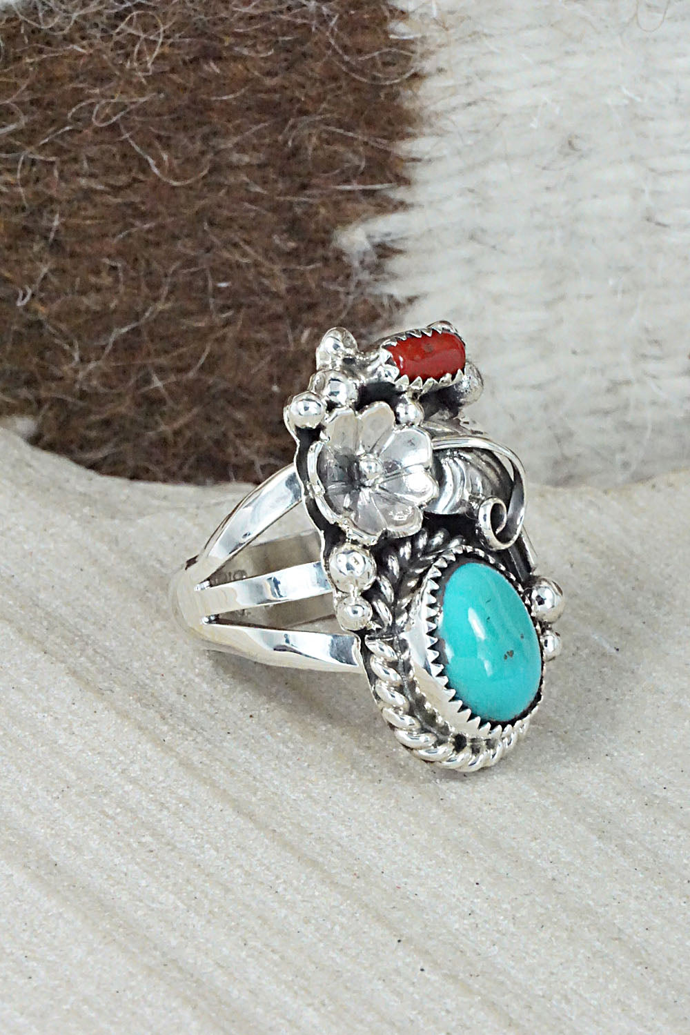 Turquoise, Coral & Sterling Silver Ring - Sandra Parkett - Size 7.5
