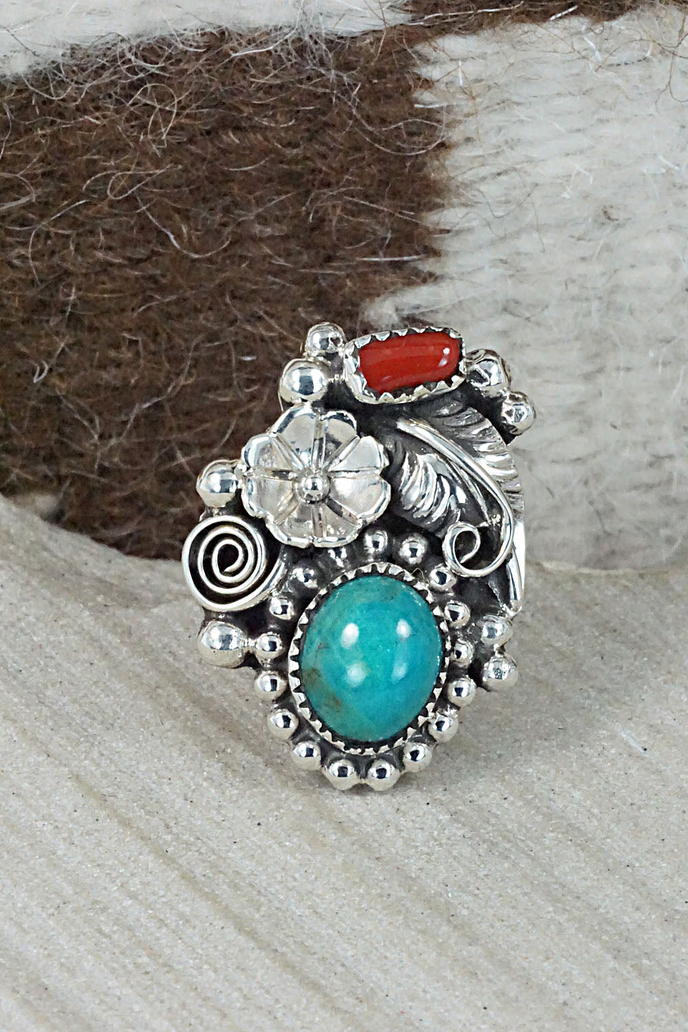 Turquoise, Coral & Sterling Silver Ring - Sandra Parkett - Size 7
