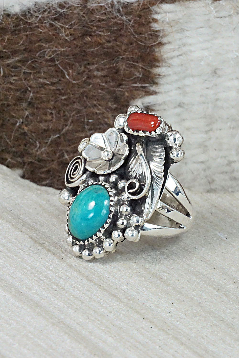 Turquoise, Coral & Sterling Silver Ring - Sandra Parkett - Size 7