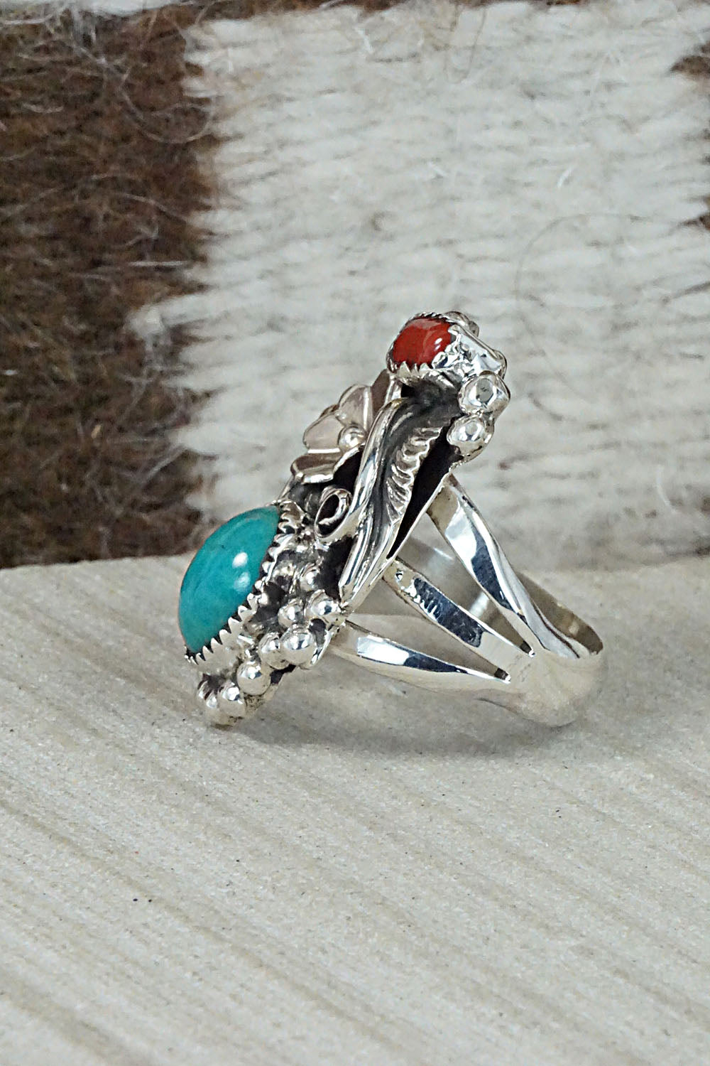 Turquoise, Coral & Sterling Silver Ring - Sandra Parkett - Size 7