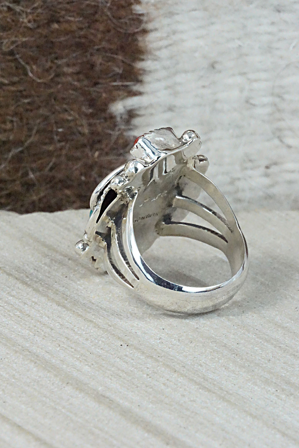 Turquoise, Coral & Sterling Silver Ring - Sandra Parkett - Size 7