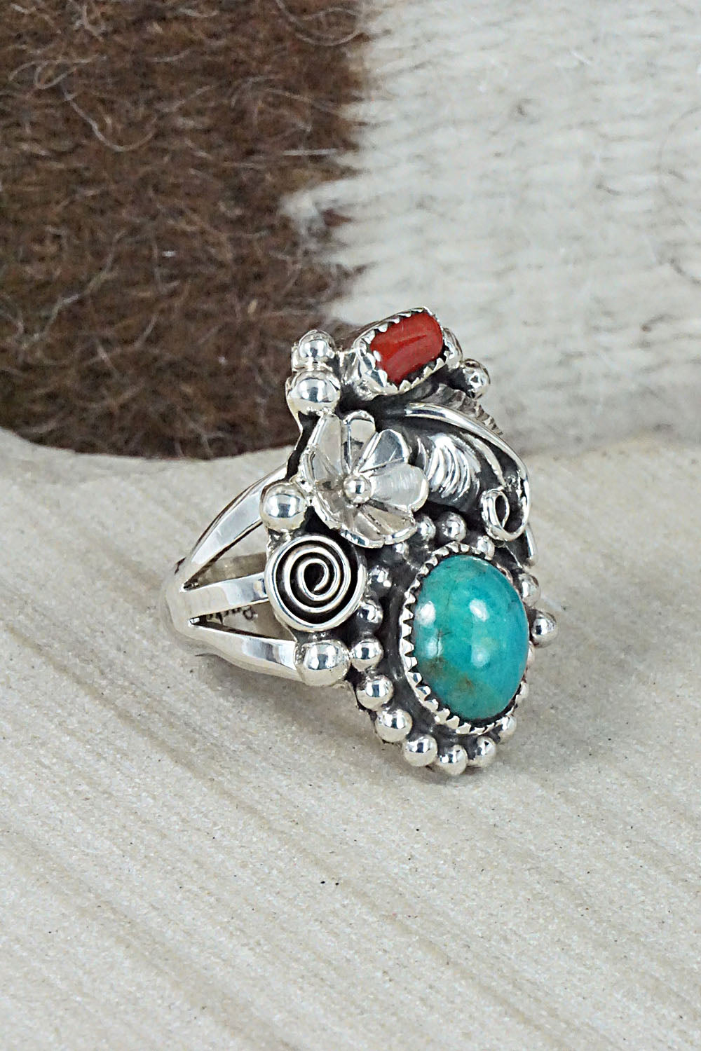 Turquoise, Coral & Sterling Silver Ring - Sandra Parkett - Size 7