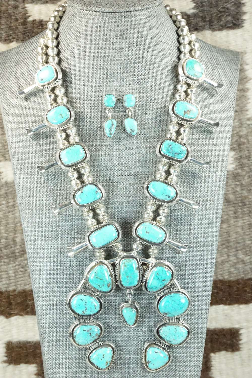 Turquoise & Sterling Silver Squash Blossom and Earrings - Mary Ann Spencer
