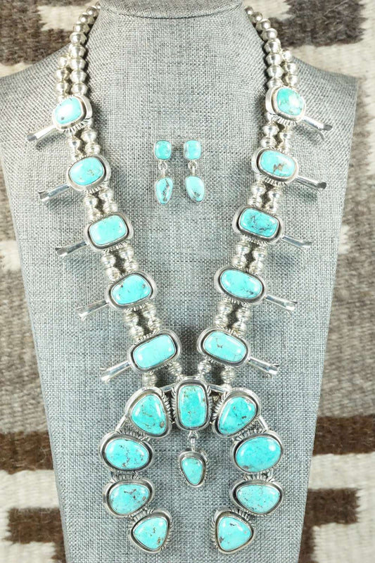 Turquoise & Sterling Silver Squash Blossom and Earrings - Mary Ann Spencer