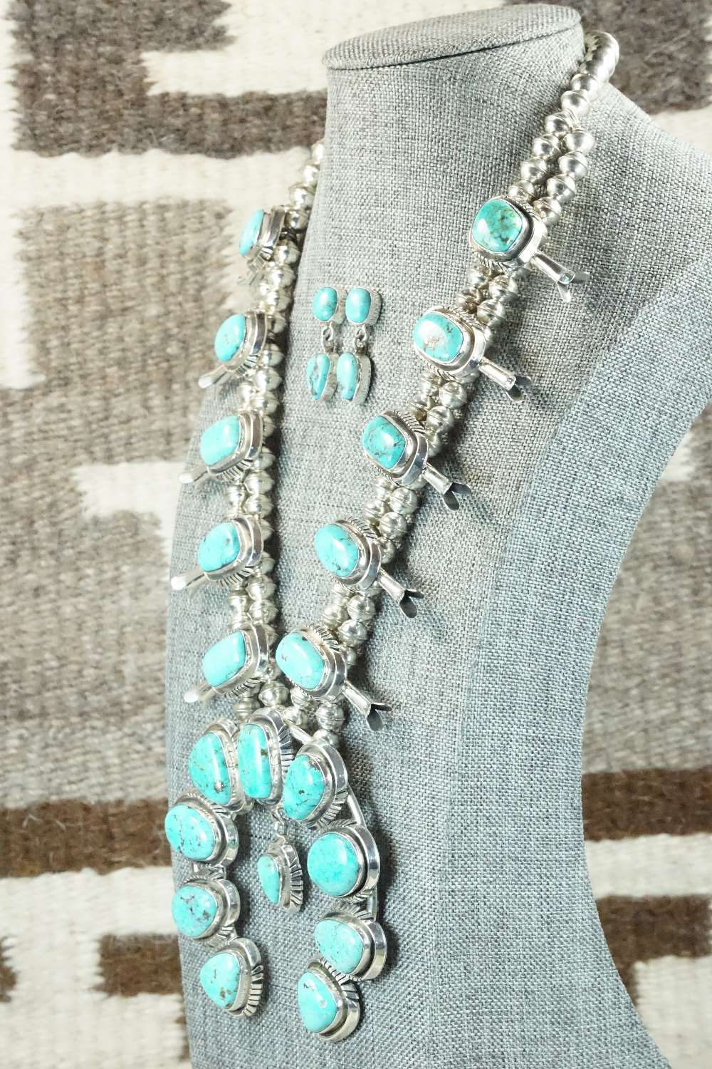 Turquoise & Sterling Silver Squash Blossom and Earrings - Mary Ann Spencer