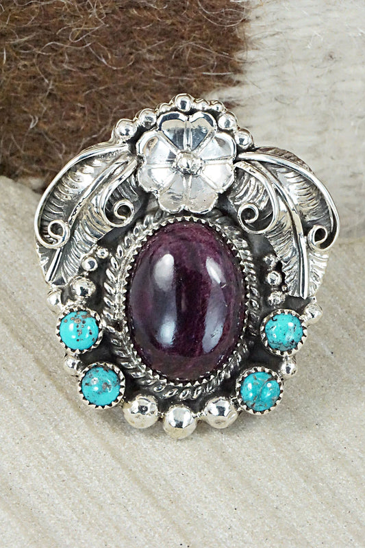 Spiny Oyster, Turquoise & Sterling Silver Ring - Sandra Parkett - Size 8 (Adj)