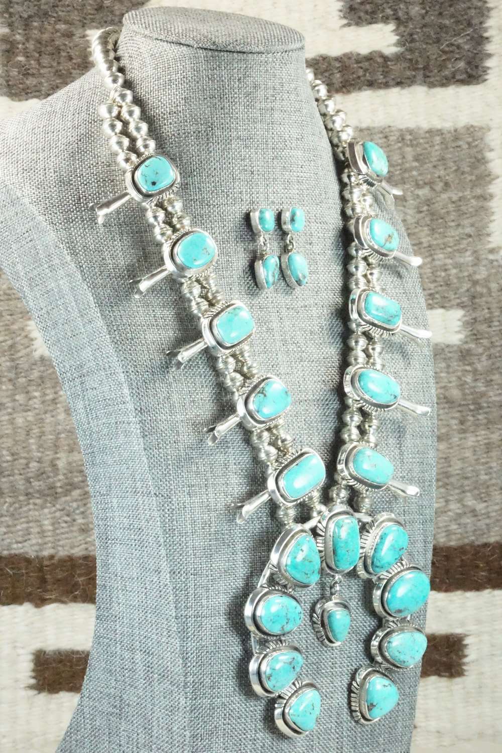 Turquoise & Sterling Silver Squash Blossom and Earrings - Mary Ann Spencer