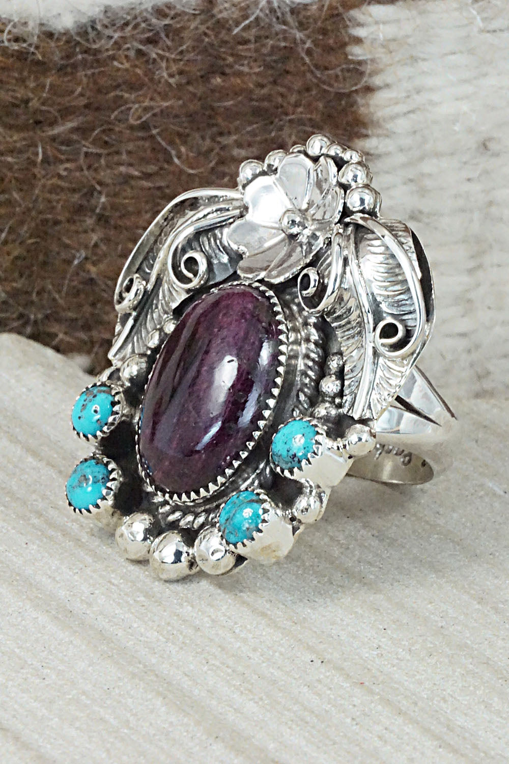 Spiny Oyster, Turquoise & Sterling Silver Ring - Sandra Parkett - Size 8 (Adj)