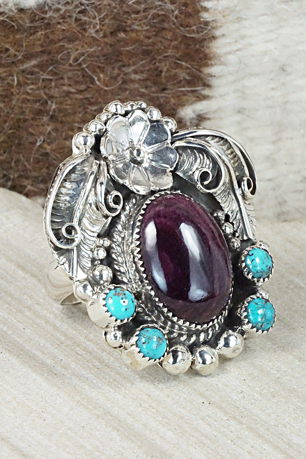 Spiny Oyster, Turquoise & Sterling Silver Ring - Sandra Parkett - Size 8 (Adj)