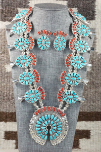 Turquoise, Coral & Sterling Silver Squash Blossom Necklace Set - Justina Wilson
