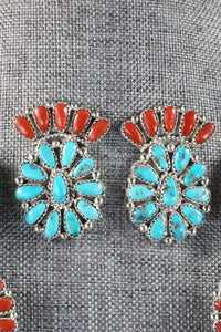 Turquoise, Coral & Sterling Silver Squash Blossom Necklace Set - Justina Wilson