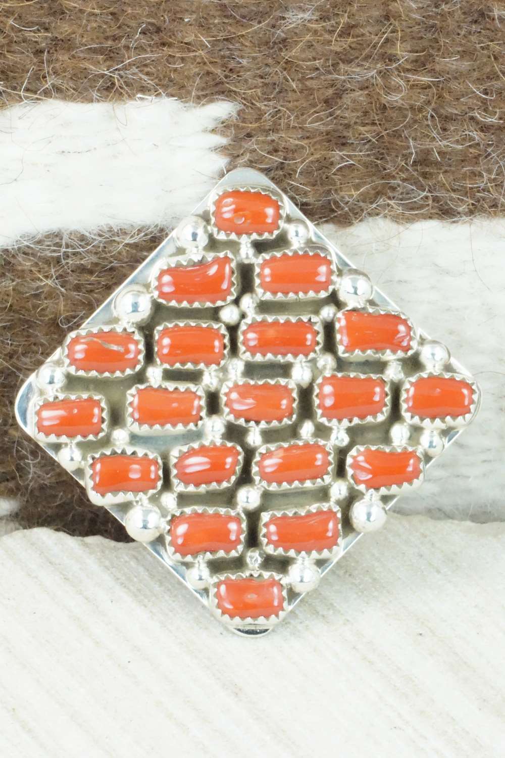 Coral and Sterling Silver Ring - Darlene Begay - Size 8