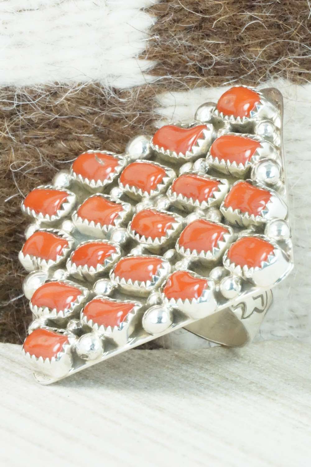 Coral and Sterling Silver Ring - Darlene Begay - Size 8