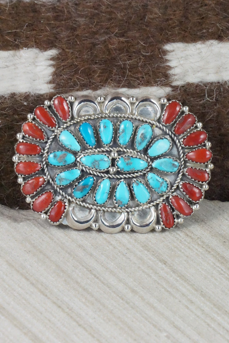 Turquoise, Coral & Sterling Silver Squash Blossom Necklace Set - Justina Wilson