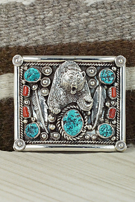 Turquoise, Coral & Sterling Silver Belt Buckle - Ernest Hawthorne